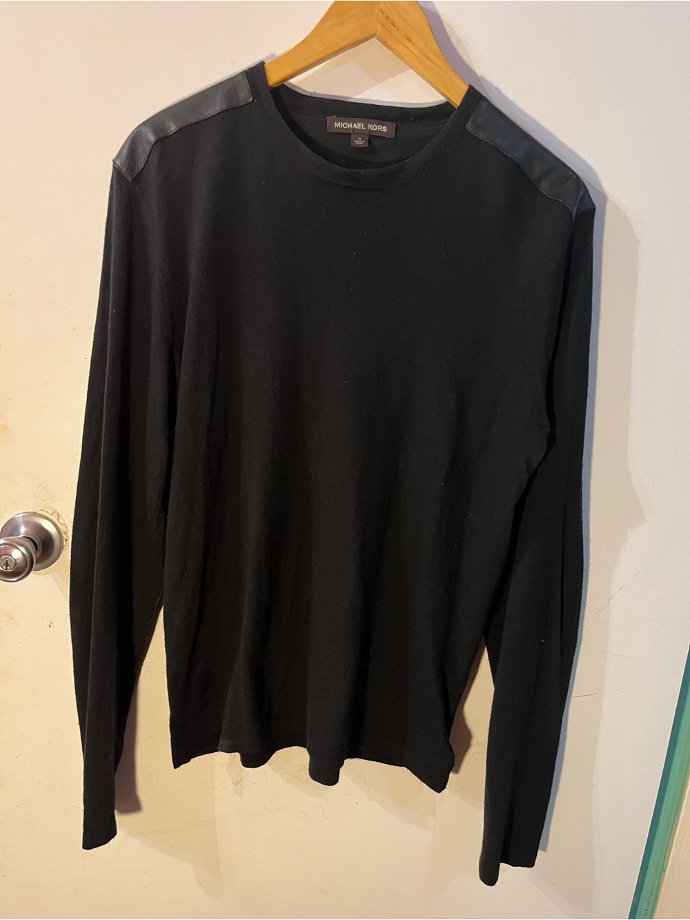 Michael Kors Black Crewneck Sweater with Faux-Leather Shoulder Panels